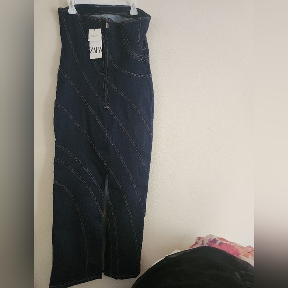 ZARA TOPSTITCHED Denim Midi Dress Dark Blue Sz XL. Nwt NO LOW BALLING!! - Picture 7 of 11